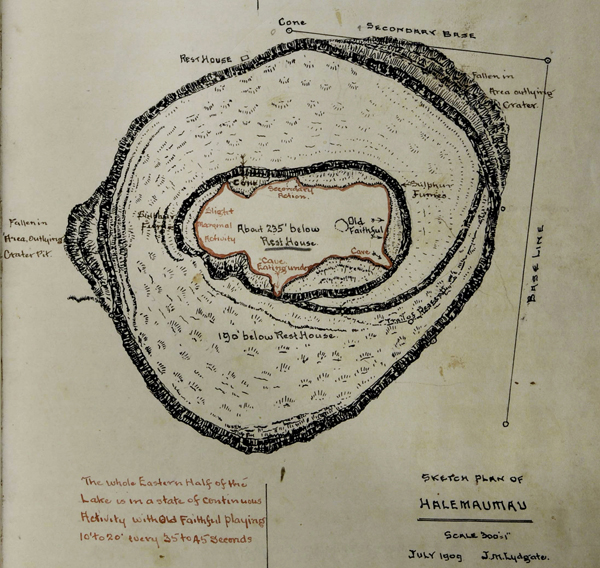 Sketch map of Halemaumau, July 1909, J.M. Lydgate; showing Old Faithful, areas of activity, sulphur fumes, caves, Fallen-in Areas.